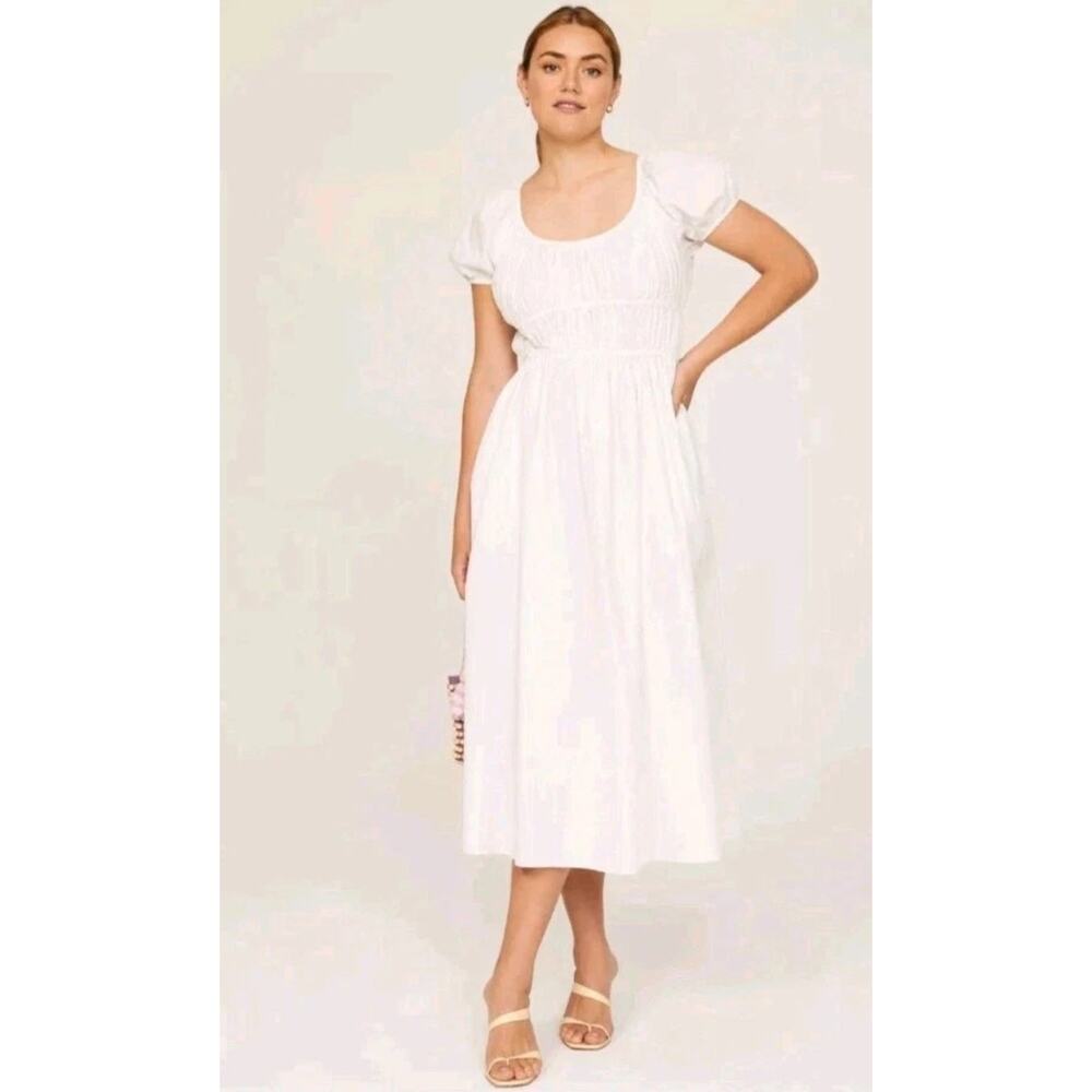 Kate Spade Riviera Ruched Midi Dress White Seersucker Short Sleeve Sz M